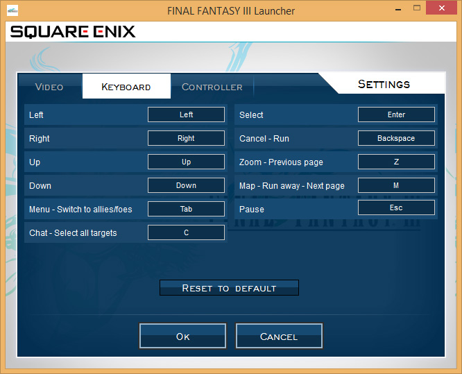 Final Fantasy III PC Keyboard Settings
